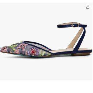 NEW BETSEY JOHNSON Garbo Embellished Mesh Flats in Navy Multi for women 925 3m7